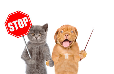 Dog holding stop sign and pointing stick. Isolated on white background