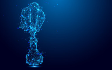 Hand holding chess from lines and triangles, point connecting network on blue background. Illustration vector