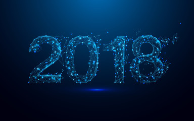 Happy new year 2018 and triangles, point connecting network on blue background. Illustration vector