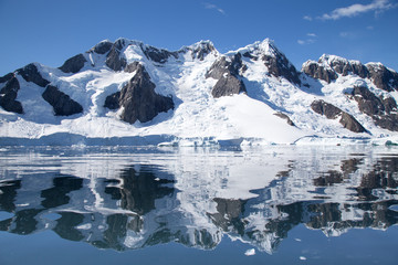 Fototapeta na wymiar Antarctic landscape reflection in Pleneau Bay, Antarctica