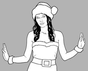 Young Woman in Santa Claus Clothes - Isolated Christmas Illustration, Black and White Vector