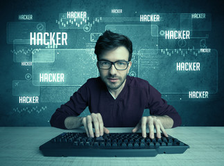 Hacker with keyboard and glasses
