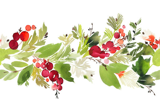Seamless watercolor Christmas pattern with berries and spruce