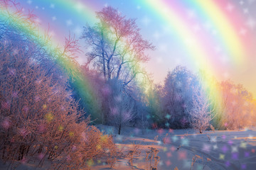 magical winter forest with rainbows and colorful snowflakes