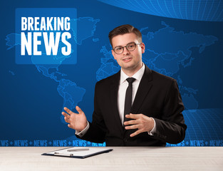 Television presenter in front telling breaking news with blue modern background