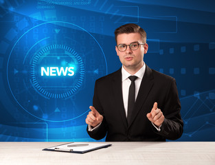 Modern televison presenter telling the news with tehnology background
