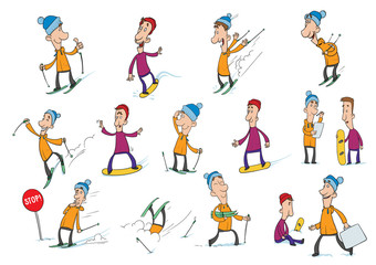 Fototapeta na wymiar Cute cartoon characters, skier and snowboarder. Winter sports, snowboarding and skiing. Vector Illustration, isolated on white background.
