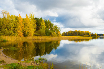 Autumn Golden Landscape of the idyllic reflections of clouds in water. Wildlife of Europe autumn.