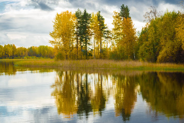 Autumn landscape of idyllic reflections of clouds in water. Wildlife of Europe autumn.