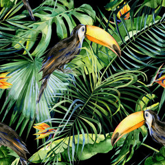 Bezszwowa akwareli ilustracja tukana ptak. Ramphastos. Tropikalne liście, gęsta dżungla. Strelitzia reginae kwiat. Malowane ręcznie. Wzór z tropikalnym motywem letnim. Liście palm kokosowych. - 177608431