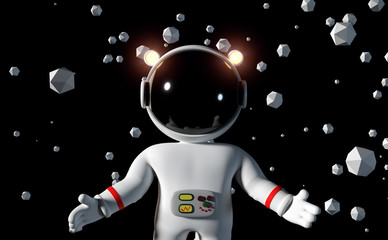 white cartoon astronaut character floating between geometric objects in front of a black background 