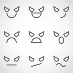 Angry smiley faces. Set of vector icons on gray background