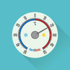 Round thermometer with a scale along the circumference, heat and cold. Flat stroke style. Vector illustration