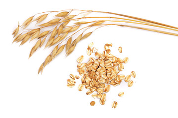 oat spike with oat flakes isolated on white background