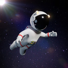 white cartoon astronaut character in space suit flying in space illuminated by the bright Sun