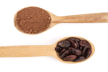 cocoa bean and cocoa powder in wooden spoon isolated on white background top view