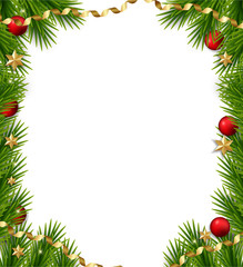 Christmas tree frame. Vector christmas template with  fir branches and decorations, balls, stars, confetti 