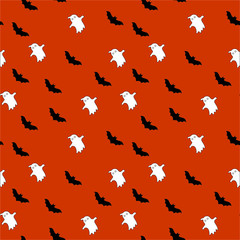 Halloween seamless pattern with bats and ghost.Orange background