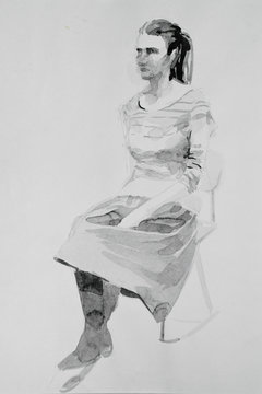 Ink drawing illustration with woman in elegant clothes posing on white background. Art concept. Graphic concept.
