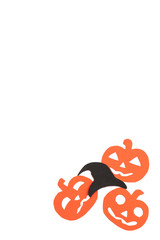 Silhouettes of orange pumpkins and black hat carved out of black paper are isolated on white