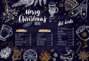 Merry Christmas festive Winter Menu on Chalkboard. Design template includes different Vector hand drawn illustrations and Brushpen Modern Calligraphy. Beverages, food and christmas elements.