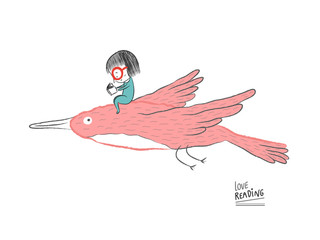 Little girl reading on a big bird, vector illustration