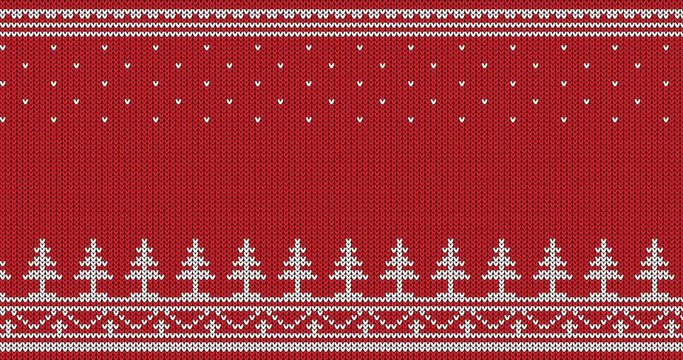Knitted looped red folk ornament with Christmas trees and snowfall. Seamless animation.