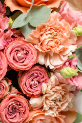 Flower composition on a gray background. Wedding and Festive decor. Powdery pink color. copy space. closeup