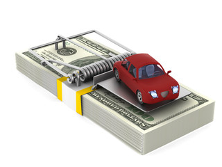 mousetrap and car on white background. Isolated 3D illustration