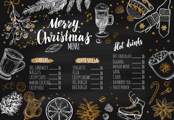 Merry Christmas festive Winter Menu on Chalkboard. Design template includes different Vector hand drawn illustrations and Brushpen Modern Calligraphy. Beverages, food and christmas elements.