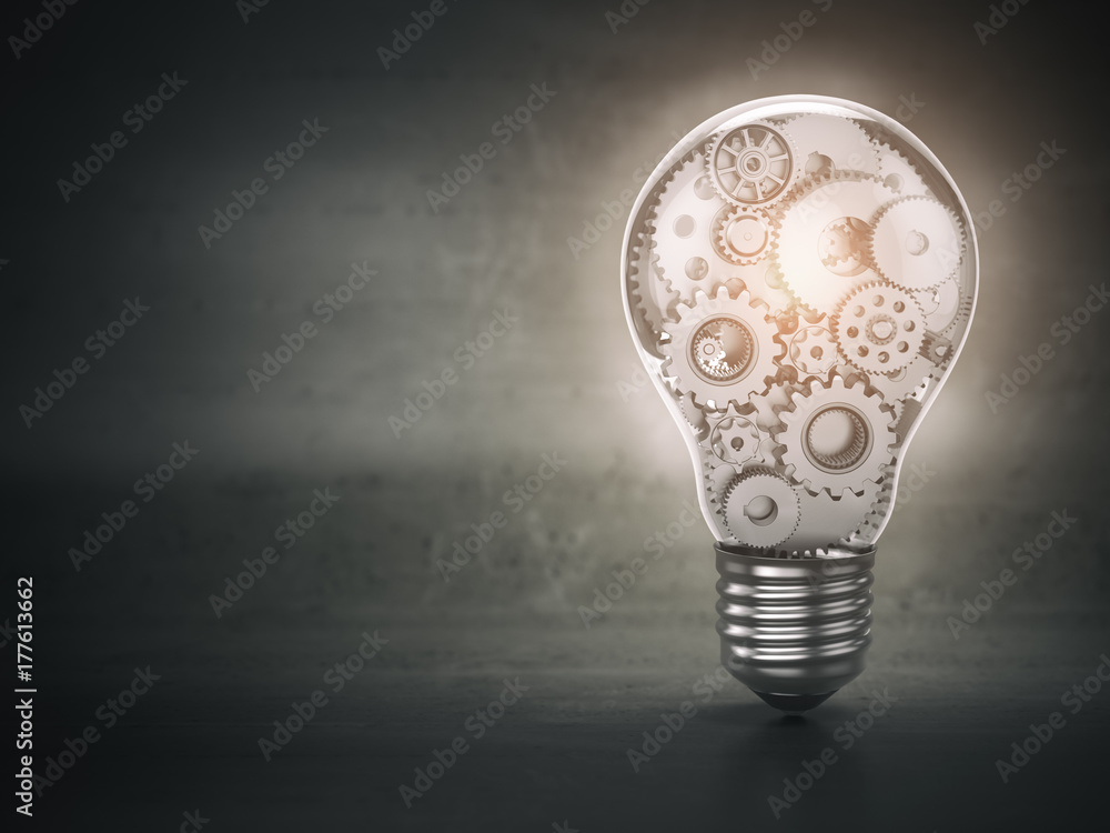 Poster light bulb and gears. perpetuum mobile. innovation, creativity and idea concept background.