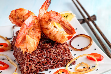 king prawns grilled with a side of red rice