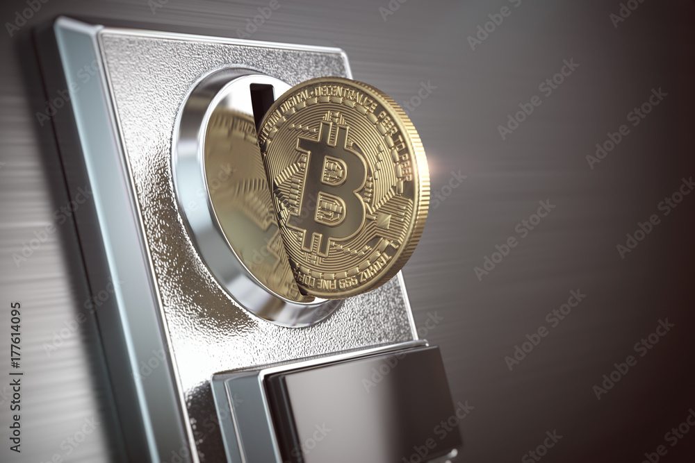 Poster pay by bitcoin concept. bitcoin coin and coin acceptor.