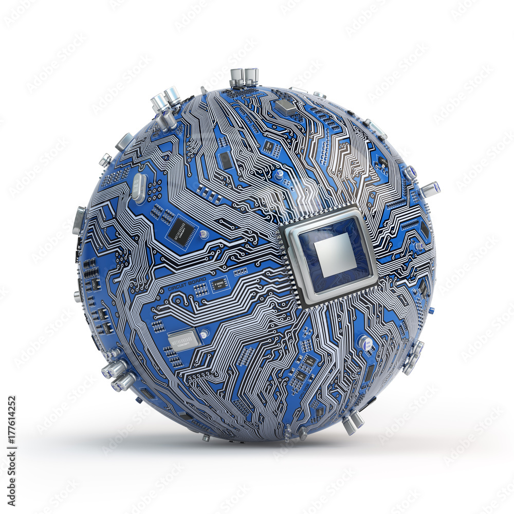 Poster Circuit board system chip with core processor. Spherical computer motherboard with CPU isolated on white background. Futuristic computer technology.