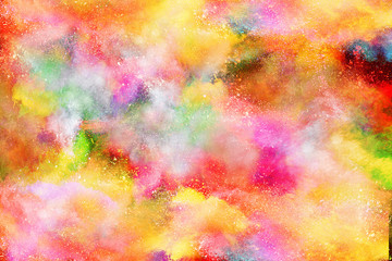 Freeze motion of colorful powder explosions isolated on black background