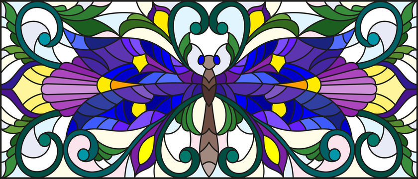 Illustration in stained glass style with bright dragonfly and floral ornament on a light background