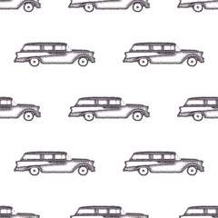 Surfing old style car pattern design. Summer seamless wallpaper with surfer van. Monochrome combi car design. illustration. Use for fabric printing, web projects, t-shirts or tee designs.