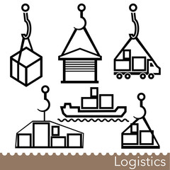 Set of transport logistics line icons with lifting hooks. Hoist and crane hooks with container loads. Vector Illustration