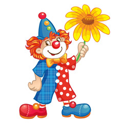 Cartoon Clown with yellow flower. Isolated on a white background. Vector Illustration.