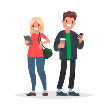 Couple of young people with gadgets. A man with a phone and a woman with a tablet. Vector illustration