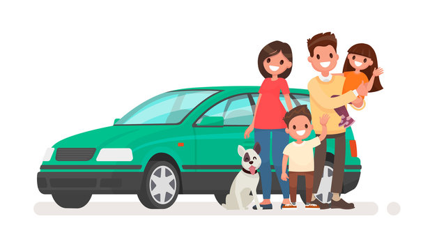 Happy family with a car on a white background. Vector illustration