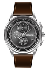 Silver watch chronograph brown leather strap on white background vector illustration.