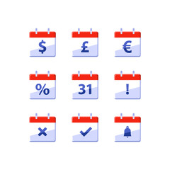 Fiscal year, financial calendar, dollar sign, monthly income, appointment day, last day of the month, vector icons