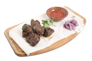 Sliced beef steak with tomaro sauce.