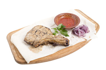 Chicken steak with tomato sauce.