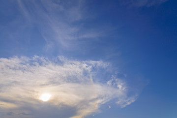 Blue sky with close up white fluffy tiny clouds background and pattern