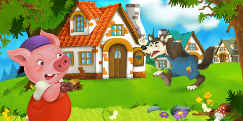 Cartoon scene pig farmer near traditional village and angry wolf is going in his direction - illustration for children