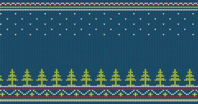 Seamless knitted pattern with Christmas trees and folk ornaments - looped animation.