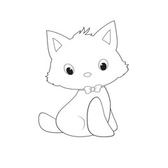 Vector kitten, happy white cat smiling character cat line art coloring book black and white drawing illustration