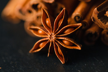 bunch of cinnamon sticks with nutmeg and anise star